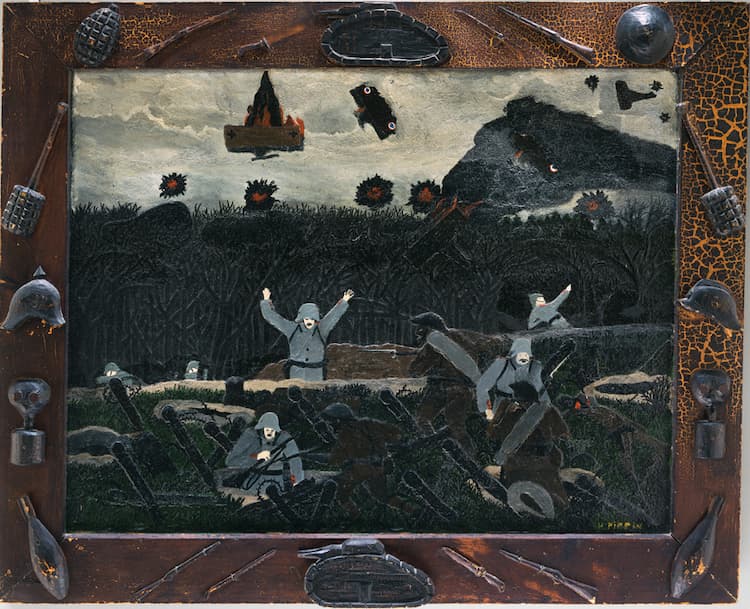 This is an important painting depicting the end of war. German soldiers are surrendering or being shot; vehicles are on fire; the feeling is chaos. The frame is decorated with machine guns and guns and bombs.