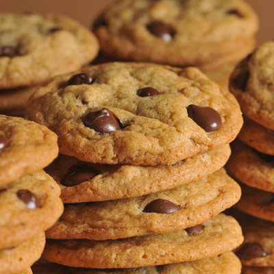 stacks of yummy-looking chocolate chip cookies