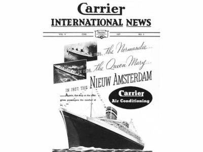 Ad showing an illustration of a ship from 1937, touting the benefit of sailing the ocean on a fully air-conditioned ship.