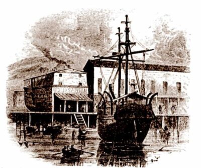 A sketch of a ship in San Francisco harbor in the 1850s. The sails are down. People and animals are visible on the shore.