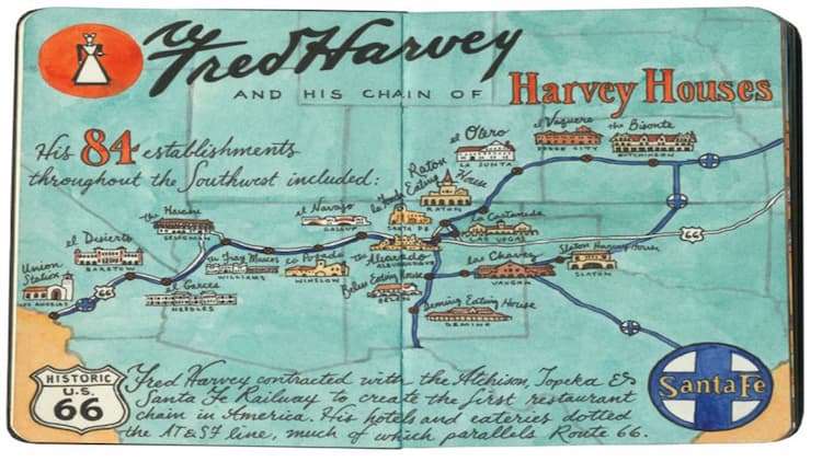 This is a color map indicating Fred Harvey locations across the West.
The text notes there are 84 locations.
