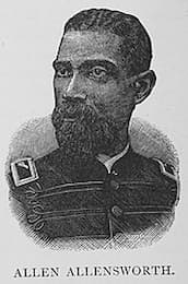 This image is a sketch from a book: The Men of Mark. Allensworth's hair is cropped short and he is wearing his uniform. The book is an anthology of short biographies of notable Black men.