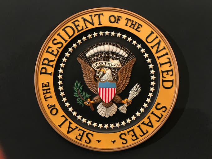 This shows the Great Seal...the rosing eagle with arrows on the left and an olive branch on the right. The shield is red and white stripes with blue on top.