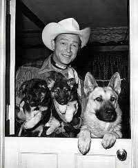 Black-and-white photograph of Roy Rogers and Bullet. Roy is holding about 3 puppies.