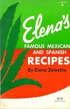 A green and orange book cover of "Elena's Famous Mexican and Spanish Recipes."