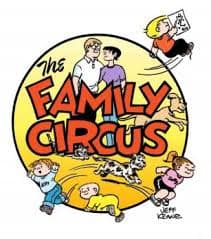 This is the circle logo of The Family Circus, showing the parents looking happy despite kids running amok.