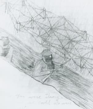 This is a sketch by Pippin of an American soldier in a gas mask.