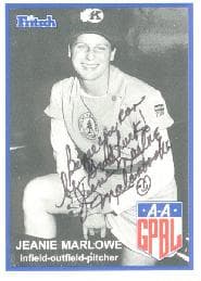 Baseball card for Jeanie Marlowe. She is identified as a "infied-outfield-pitcher." She is in full uniform.
