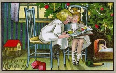 A Merry Christmas, two girls sharing storybook by Christmas tree