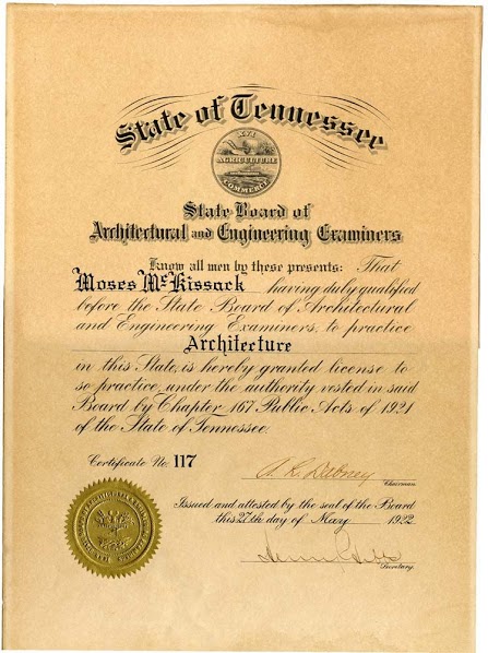 1922 Architecture License for Moses McKissack