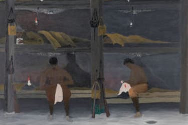 A dark painting of soldiers in the barracks, likely getting ready to go to sleep.