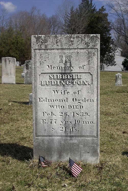 Ludington's tombstone. Here, her name is spelled "Sibbell" Date of death: February 26, 1839.