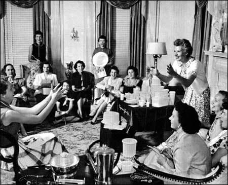 Home party being held so that Brownie Wise can introduce the various Tupperware products she had to sell that night.