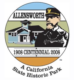This is the emblem created to mark the centennial of Allensworth (1908-2008). There is a sketch of Allensworth wearing a hat with what might be a school behind him.