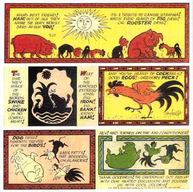 A colorful sampling of a Sunday comic strip. All the animals are bemoaning the heat.