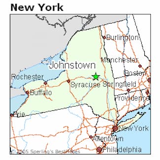 The map shows that Johnstown is centrally located on the north-south portion of New York state. It is east of Syracuse.