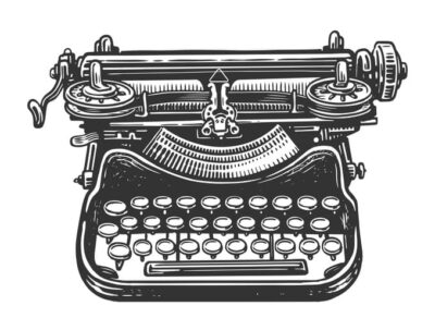 An illustratioin of an old typewriter clearly showing the reel-to-reel process of typing. The return arm and the typing keys ae all clearly shown.
