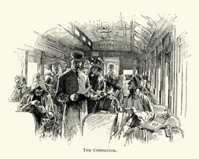 This sketch was probably in Harper's Weekly. It shows a conductor reviewing a ticket handed him by a bonneted customer. The train has many passesngers on it. Photo credit: Duncan, National Park Service