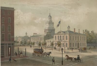 This is a vintage print of a painting showing early Philadelphia where James Durham first practiced medicine.