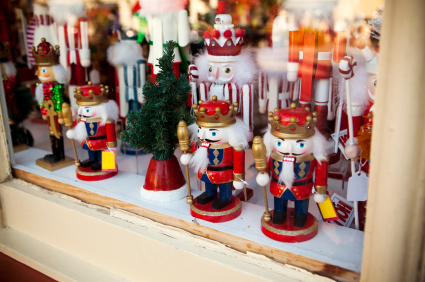 Christmas figurines Window display featuring Christmas nutcrackers of all sizes and shapes.