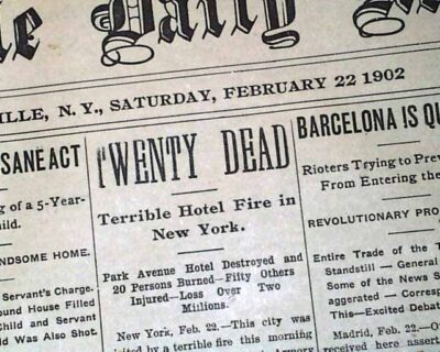 Newspaper clipping about the Park Avennue fire. At the time the story was written 20 were dead.