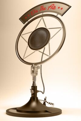 A beautiful color photo of an old carbon button microphone with "On the Air" atop it.
istockphoto