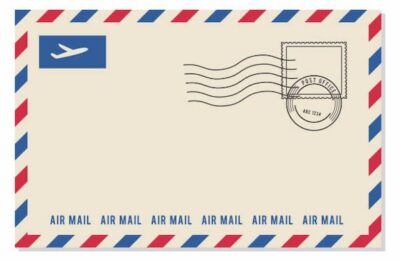 This is a sample of an air mail envelope wtih red and blue striping along the edge of the envelope. This one also has a postmark but no stamp.