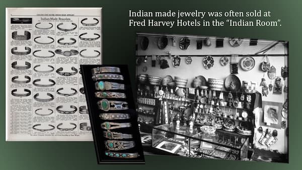 These are photos from a Fred Harvey souvenir shop. On the left are photos of many Native American bracelets. There is also a photo of a display space.