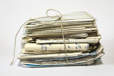 Stock color photo showing a stack of letters tied together with string.