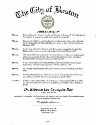This is a photo of the original Boston proclamation of Rebecca Crumpler Day, signed by then-mayor Marty Walsh.