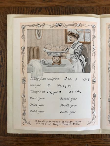 Borden Baby Book page to keep track of baby's weight gain. His birth weight and his weight at 18 months are filled in.