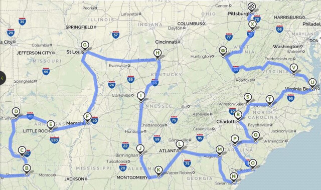 This is a colored map indicating where Opal Lee visited to campaign for Juneteenth.