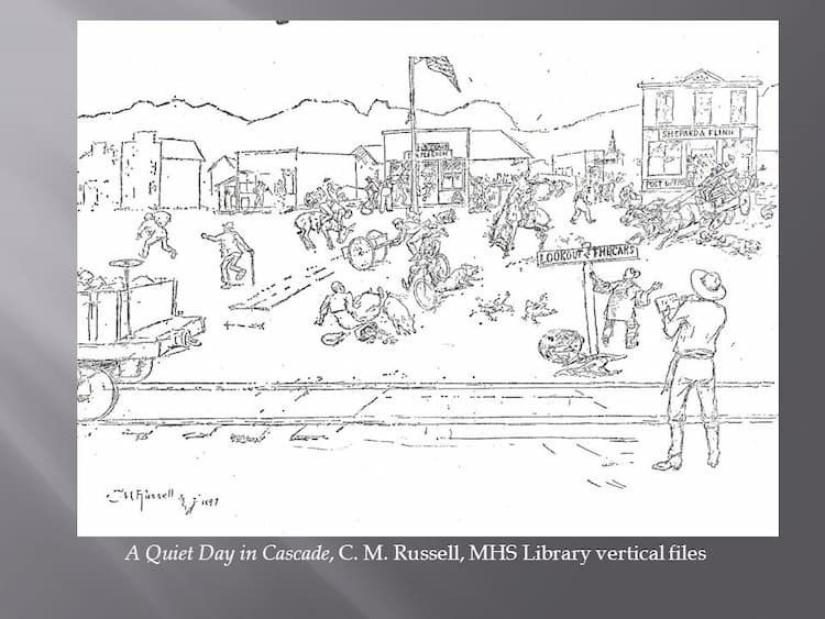 a humorous sketch by C.M. Russell, depicting some of his favorite things about Cascade, Montana. Mary is shown upended by a hog, with spilled apples by her side.