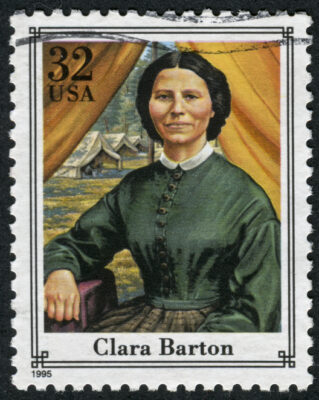 istockphoto credit traveler116. Clara wears a green dress and sits for a portrait. In the backgroundof the painting, you can see camp tents from the Civil War.