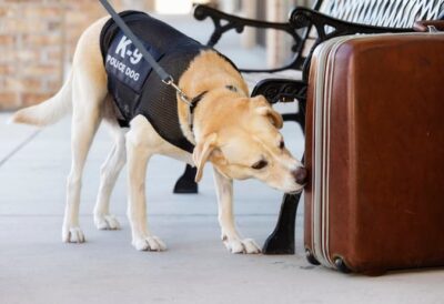 A color photo showing a Labrador sniffing a suitcase in order to determine any illegal substances.
