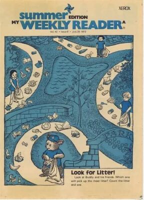 This is a sample of the Summer Edition of My Weekly Reader. The cover shows winding pathways for different characters picking up litter.
