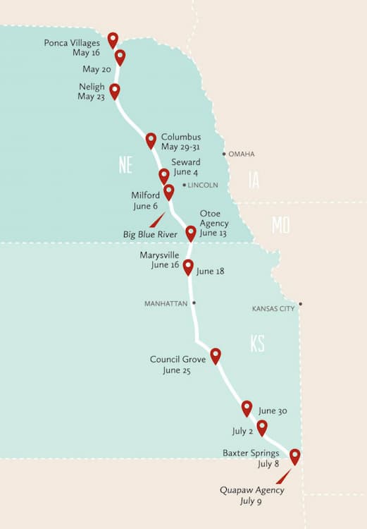 This map shows the trail that the nonprofit group would like to demarcate as the Trail of Standing Bear.