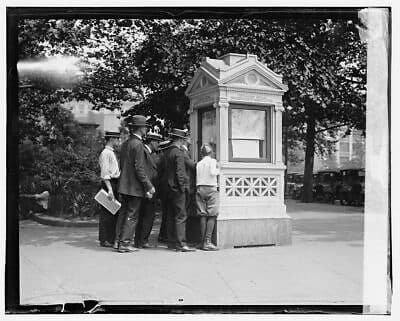 A weather kiosk provided instruments and weather maps that would show local pedestrians what kind of weather to expect.
