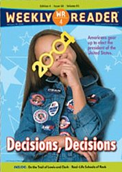 A color cover of My Weekly Reader from 2004. A little girl considers "decisions" and wears eye glasses that say '2004."