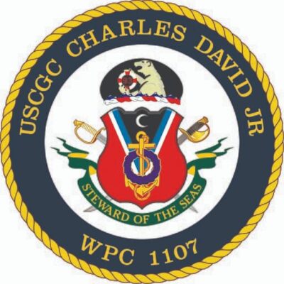 The patch that shows the insignia of the Coast Guard for the Charles David Jr. cutter, with the description, "Steward of the Seas."